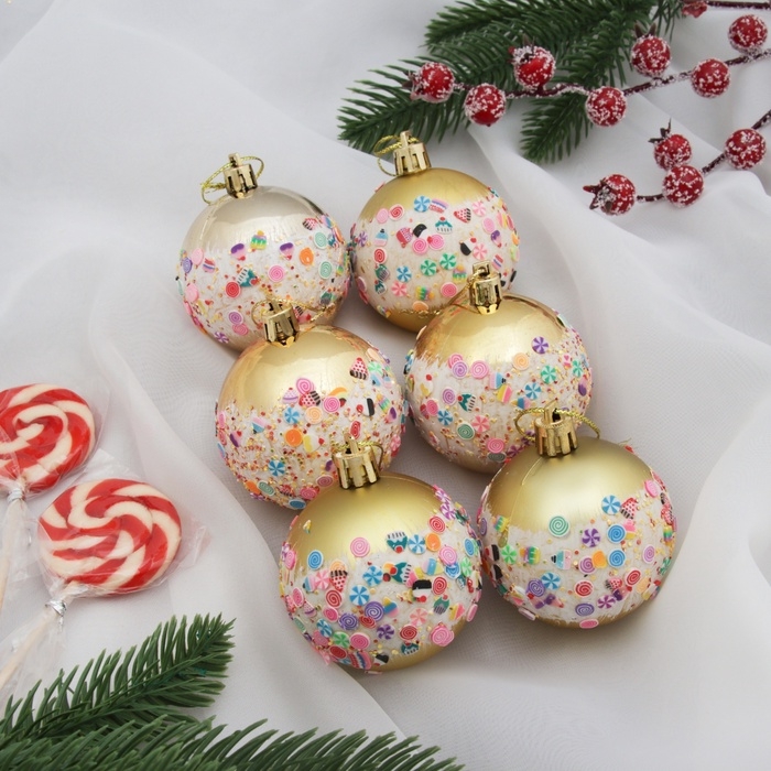 Ёлочные игрушки, шары новогодние , пластик, набор d-6 см, 6 шт Ёлочные игрушки, шары новогодние , пластик, набор d-6 см, 6 шт "Новогодний восторг" золото