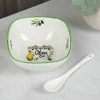 Салатник фарфоровый с ложкой Доляна &laquo;Олива&raquo;, 300 мл