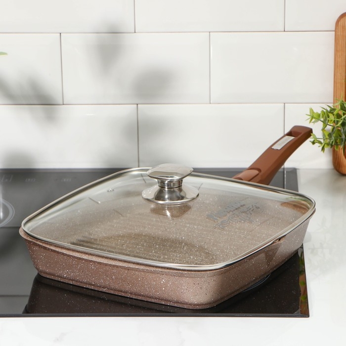 Сковорода-гриль &laquo;Гранит Brown&raquo;, квадратная, 28&times;28 см, съёмная ручка, стеклянная крышка, антипригарное покрытие, цвет коричневый