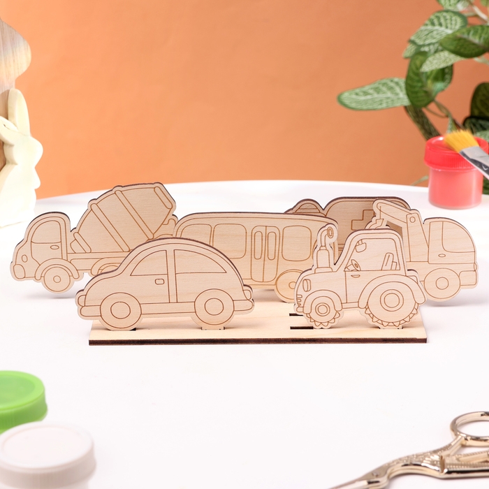 Деревянная объемная раскраска "Транспорт", 6 фигур, подставка