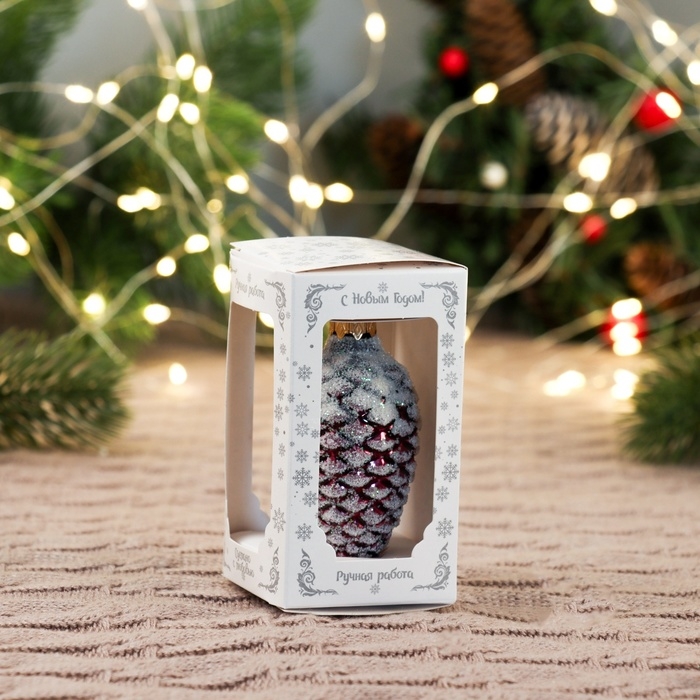 Ёлочное украшение "Шишка в снегу, бордо", в подарочной упаковке, h-9 см