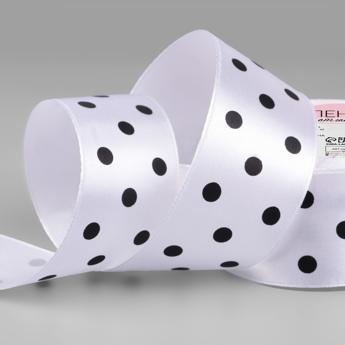 Лента атласная &laquo;Горошек&raquo;, 40 мм &times; 23 &plusmn; 1 м, цвет белый №001