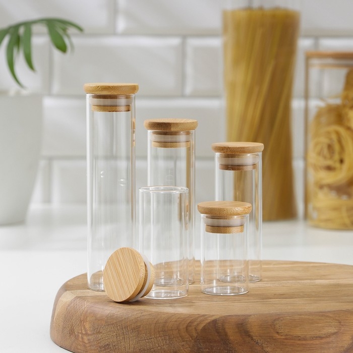 Набор банок стеклянных для сыпучих продуктов «Эко», 3,7×6,5 см, 8,5 см, 10 см, 12,5 см, 15,5 см, 5 шт Набор банок стеклянных для сыпучих продуктов «Эко», 3,7×6,5 см, 8,5 см, 10 см, 12,5 см, 15,5 см, 5 шт