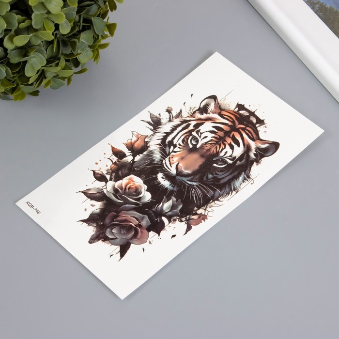 Татуировка на тело цветная "Тигр в розах" 11,4х21 см