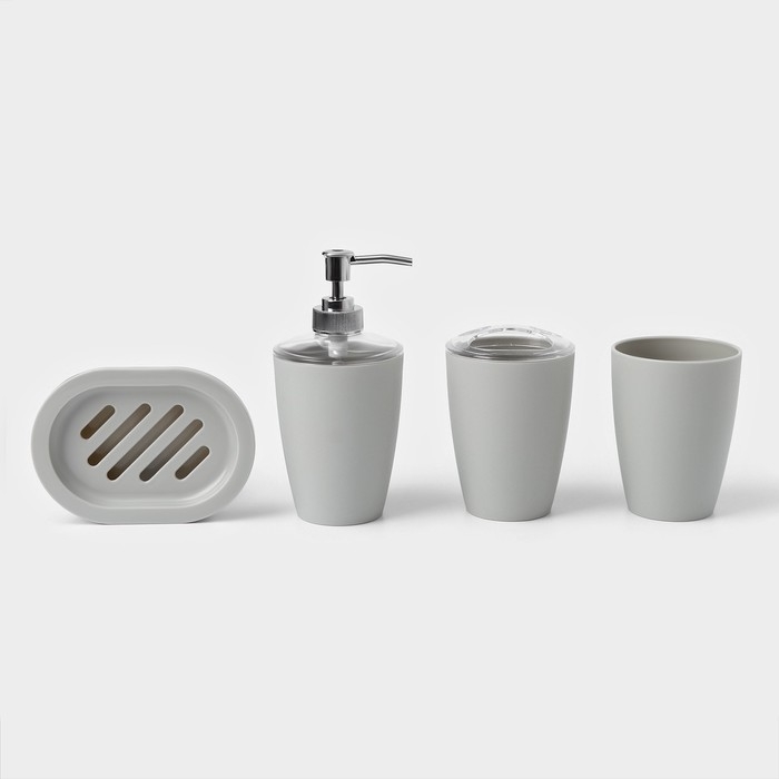 Набор для ванной &laquo;Эталон&raquo;, 4 предмета: дозатор для мыла, мыльница, 2 стакана, 24&times;8&times;17 см, цвет серый