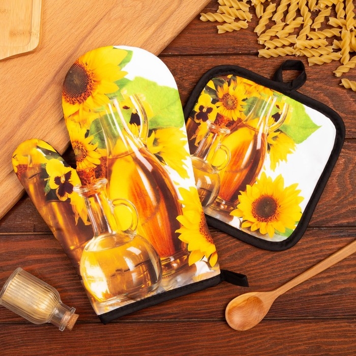 Кухонный набор 2 прихватки Этель &laquo;Подсолнухи&raquo; , прихватка 17х17 см, варежка 24х16 см, 100% п/э