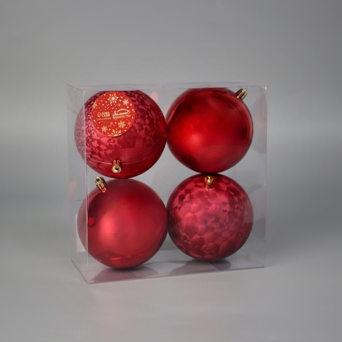 Ёлочные игрушки, шары новогодние , пластик, набор  d-10 см, 4 шт "Чары волшебства" красный