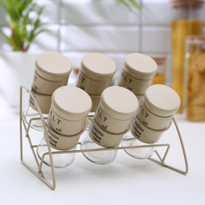 Набор банок стеклянных для сыпучих продуктов «Стиль», 20×16×17 см, на подставке, 6 шт, цвет МИКС Набор банок стеклянных для сыпучих продуктов «Стиль», 20×16×17 см, на подставке, 6 шт, цвет МИКС