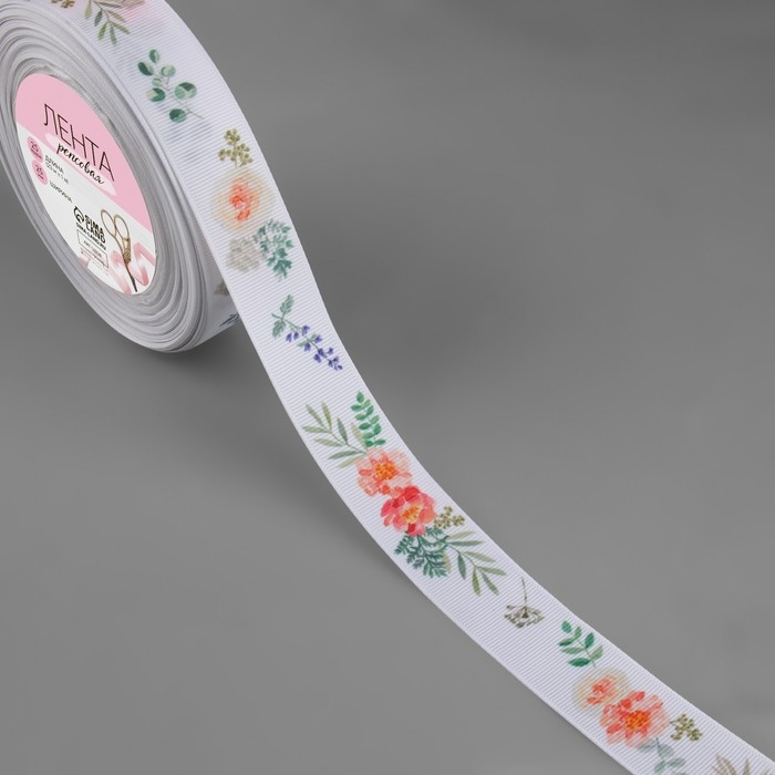 Лента репсовая &laquo;Пионы&raquo;, 25 мм, 23 &plusmn; 1 м, цвет белый