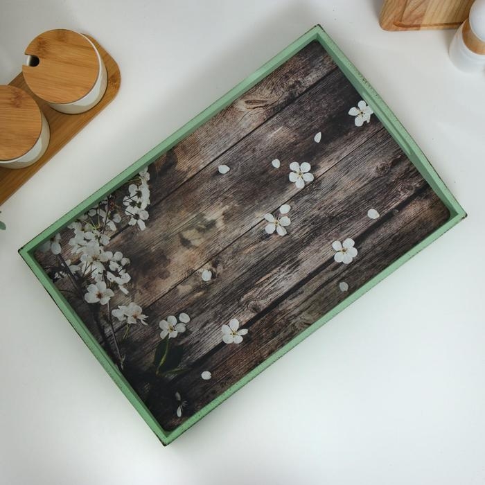 Поднос деревянный для завтрака "Прованс. Лепестки яблони", 43&times;27.5&times;7 см, зелёный