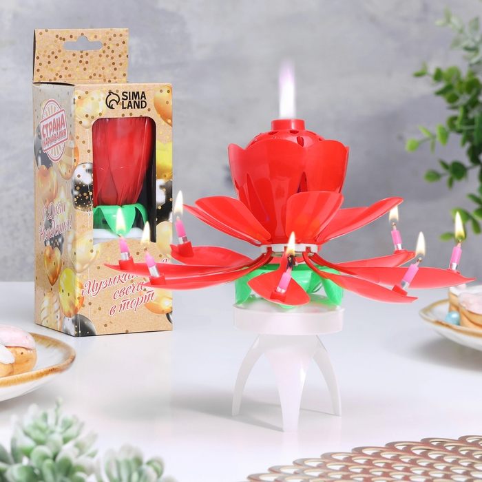 Свеча для торта музыкальная "Тюльпан", крутящаяся, красная, 14,5&times;6 см