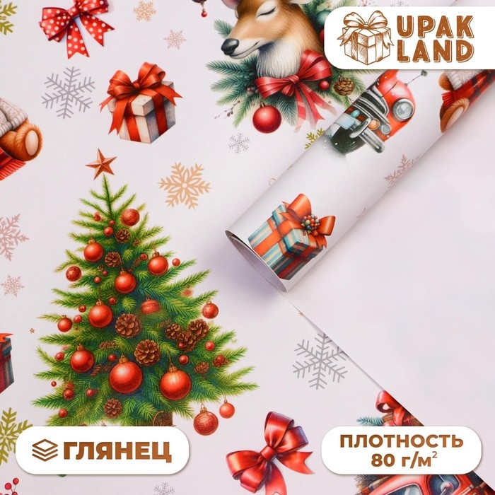 Новый год. Бумага упаковочная новогодняя "Снеговик в шапке", глянец, 1 лист, 80 г/м2 , 70 х 100 см