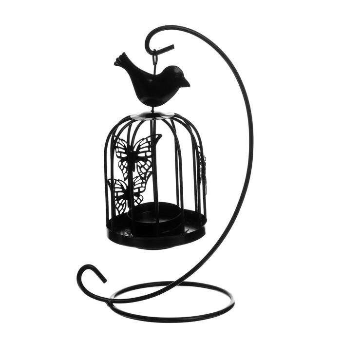 Подсвечник металл "Клетка с птичкой" черный, 23х10х10 см