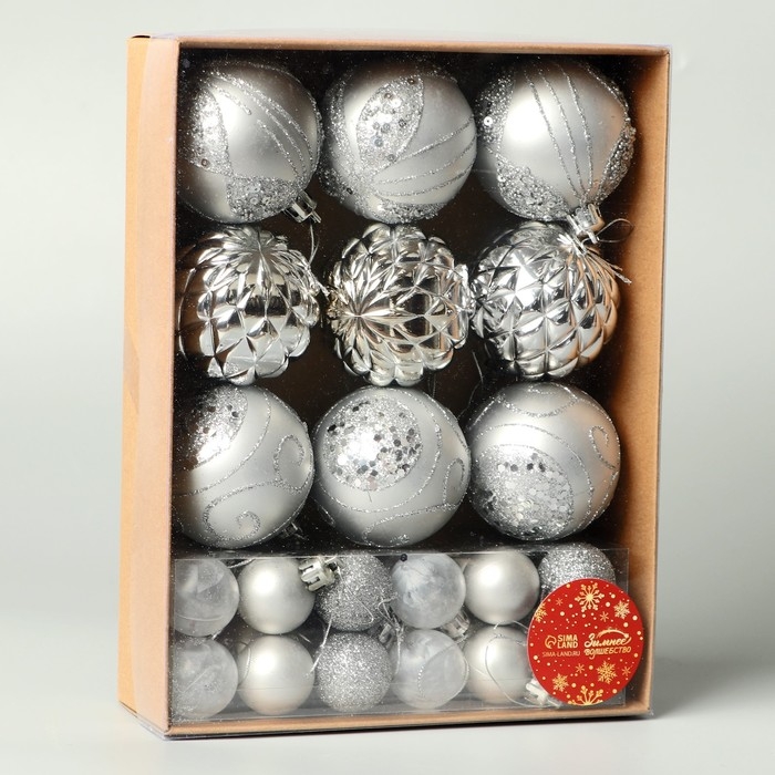 Набор шаров пластик d-2,5 и 5,5 см, 33 шт "Хоровод" серебро