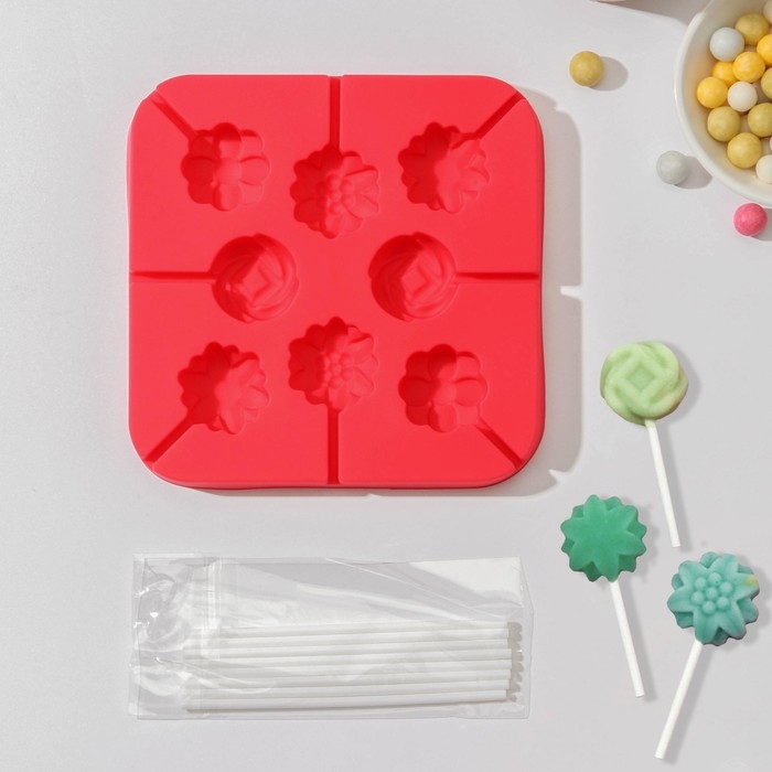 Форма для леденцов Доляна &laquo;Летний полдень&raquo;, силикон, 12,5&times;12,5&times;1,5 см, 8 ячеек (2,7&times;2,7 см), с палочками, цвет МИКС