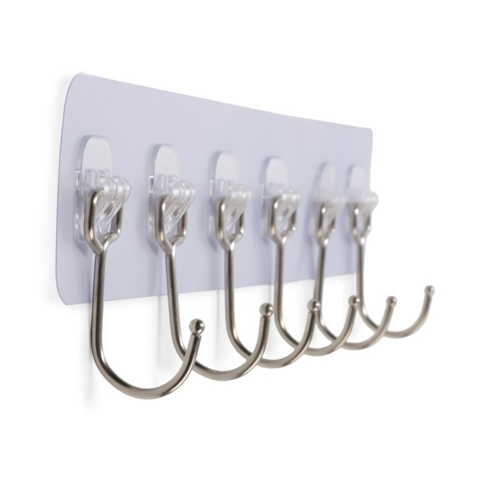 Вешалка с клейкой поверхностью 6 крючков ТУНДРА, прозрачная, 1 шт.