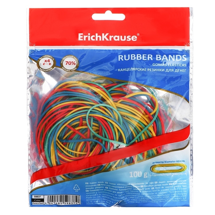 Банковская резинка, 100 г, ErichKrause, диаметр 60 мм, длина 100 мм, ZIP-пакет с европодвесом, микс Банковская резинка, 100 г, ErichKrause, диаметр 60 мм, длина 100 мм, ZIP-пакет с европодвесом, микс