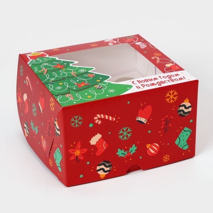 Коробка под 4 капкейка с окном "Праздничная ель", 16 х 16 х 10 см