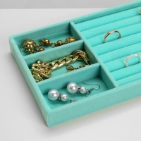 Подставка для украшений 3 ячейки и 7 полос для колец, флок, 21&times;12,3&times;2,5 см, цвет бирюзовый