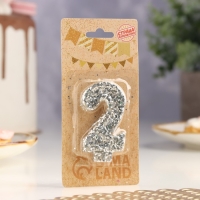 Свеча в торт &laquo;Блестки&raquo;, цифра "2", серебро, 6.5х4