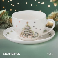 Новогодняя чайная пара Доляна &laquo;Ель&raquo;, 2 предмета: чашка 210 мл, блюдце d=15 см, фарфор, цвет белый