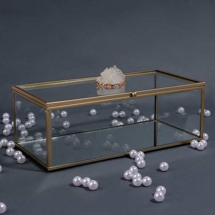 Органайзер для хранения &laquo;MOUNTAINS&raquo;, с крышкой, стеклянный, с зеркальным дном, 1 секция, 21,5 &times; 10,5 &times; 7,5 см, цвет прозрачный/медный