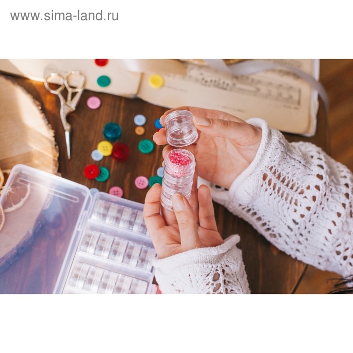 Набор баночек для рукоделия, 25 шт, d = 2,3 / 2,7 см, в контейнере со съёмными ячейками, 19 × 9,5 × 3,5 см, цвет прозрачный Набор баночек для рукоделия, 25 шт, d = 2,3 / 2,7 см, в контейнере со съёмными ячейками, 19 × 9,5 × 3,5 см, цвет прозрачный