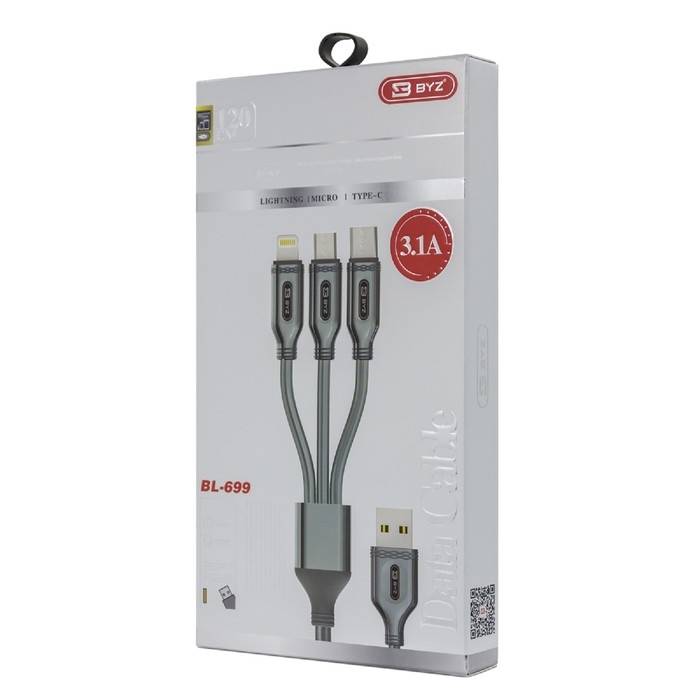 Кабель 3 в 1 BYZ BL-699 , USB - microUSB/Lightning/Type-C, 3.1 А, 1.2 м, серебристый