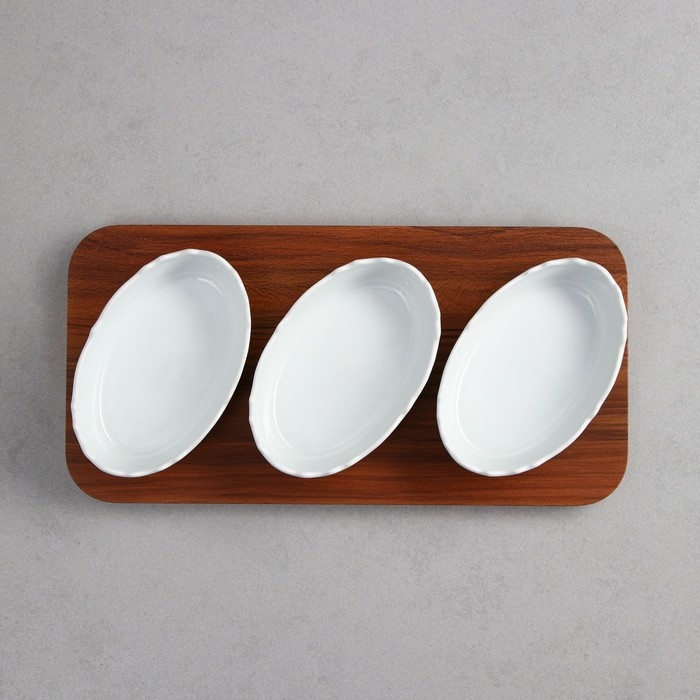 Менажница «Морская», 3 шт: 200 мл, деревянное основание, фарфор, Иран Менажница «Морская», 3 шт: 200 мл, деревянное основание, фарфор, Иран