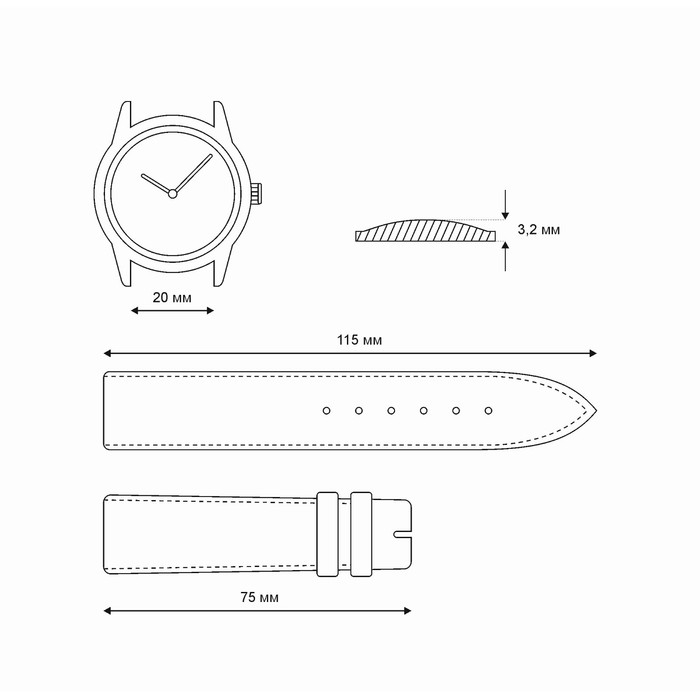 Ремешок для часов, мужской, 20 мм, запряжник 75 мм, горт 115 мм, натуральная кожа, белый Ремешок для часов, мужской, 20 мм, запряжник 75 мм, горт 115 мм, натуральная кожа, белый