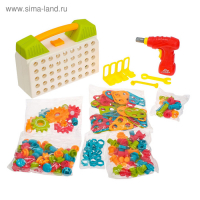 Конструктор винтовая мозайка &laquo;Пуговки шестеренки&raquo;, 4 в 1, с шуруповертом, 215 деталей