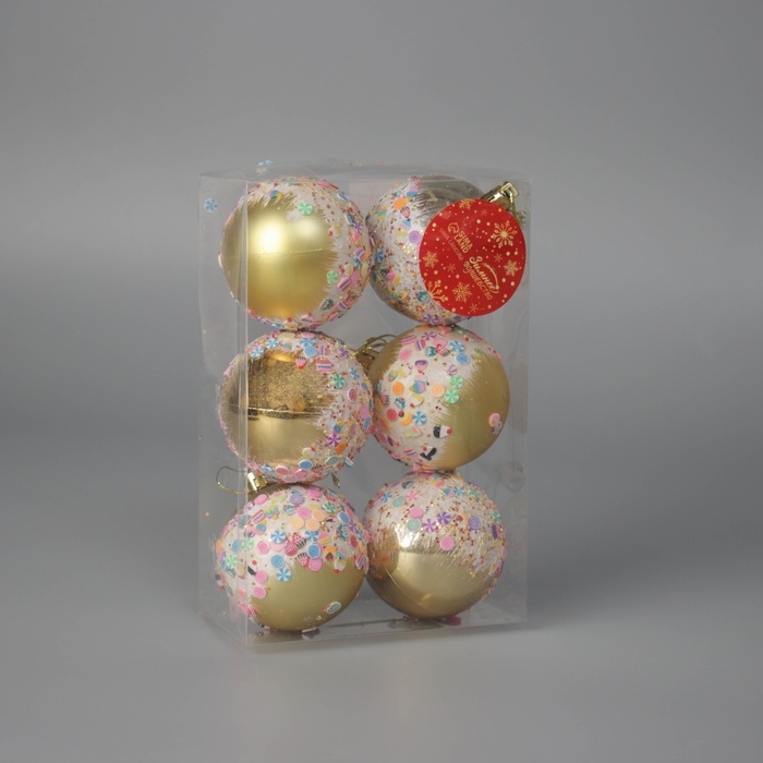 Ёлочные игрушки, шары новогодние , пластик, набор d-6 см, 6 шт Ёлочные игрушки, шары новогодние , пластик, набор d-6 см, 6 шт "Новогодний восторг" золото