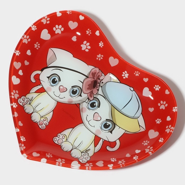 Блюдо стеклянное сервировочное Доляна &laquo;Сердце. Котики&raquo;, 25&times;21&times;2,3 см, цвет красный