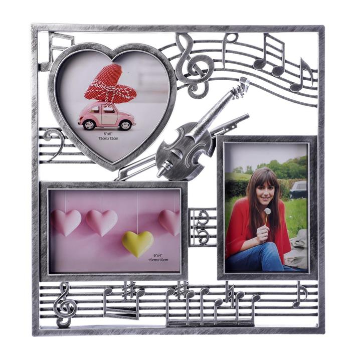 Фоторамка пластик на 3 фото 10х15, 13х13 см Фоторамка пластик на 3 фото 10х15, 13х13 см "Скрипка и ноты" серебро 34х32 см