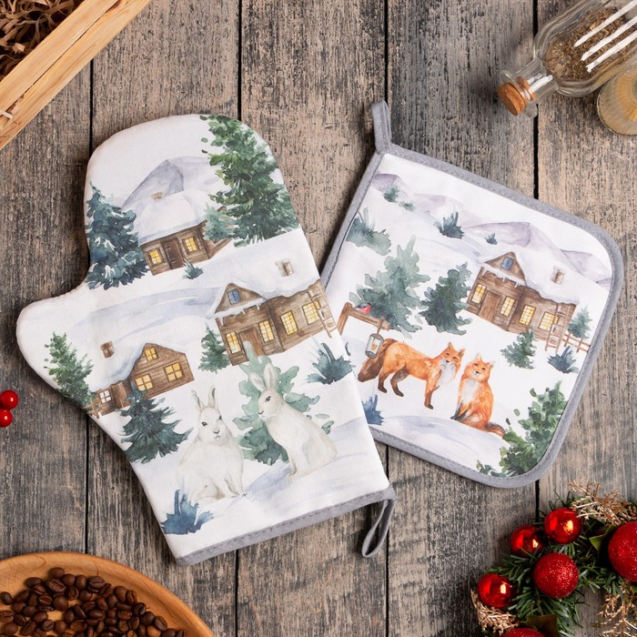 Набор Кухонный &laquo;Forest animals&raquo;, варежка-прихватка 20х28см, прихватка 19х19см, 100% хл