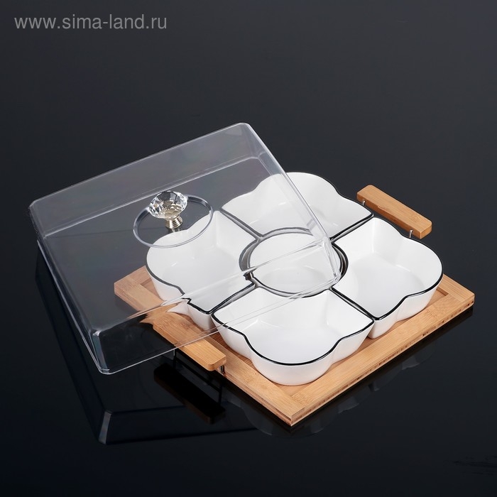 Набор салатников керамических с крышкой на деревянной подставке &laquo;Эстет. Квадрат&raquo;, 5 предметов, 33&times;27,5&times;11 см, цвет белый