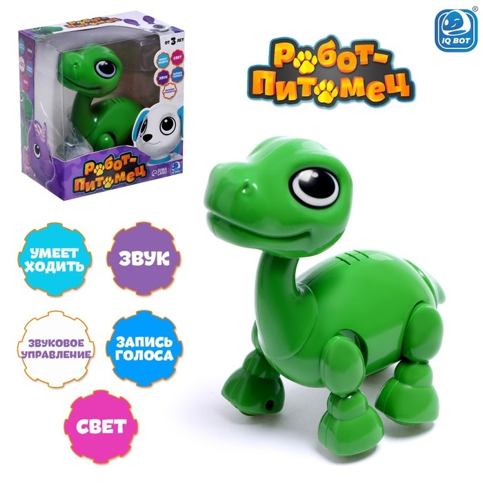 Робот &laquo;Динозавр&raquo; IQ BOT, интерактивный: реагирует на голос, звук, свет, на батарейках, зелёный