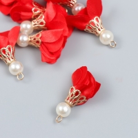 Декор для творчества текстиль "Цветок с жемчужиной. Красный" набор 10 шт 2,5 см Декор для творчества текстиль "Цветок с жемчужиной. Красный" набор 10 шт 2,5 см