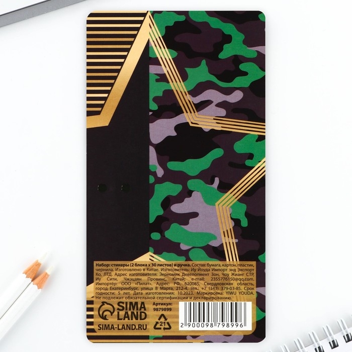 Подарочный набор стикеры и ручка &laquo;Настоящий герой&raquo;, 2 х 30 л, синяя паста 0.7 мм