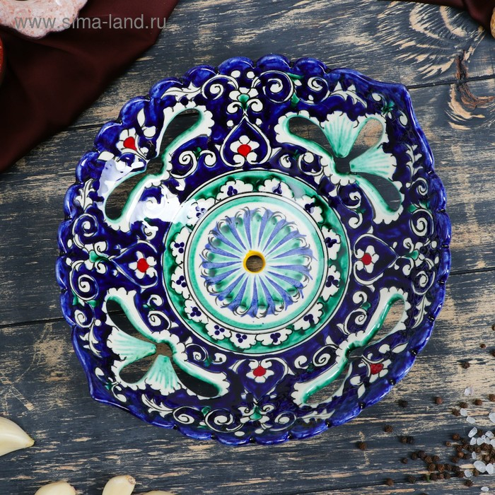 Фруктовница Риштанская Керамика Фруктовница Риштанская Керамика "Цветы", 25 см, синее, рифлёное, овальное