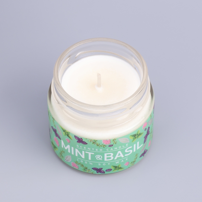 Свеча ароматическая в банке Свеча ароматическая в банке "Базилик и мята ", совый воск, 80 г