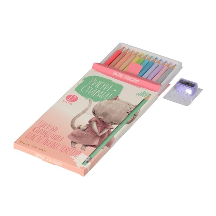 Карандаши 12 цветов BrunoVisconti РИСУЙ и СТИРАЙ, пастельные, пластиковые с ластиком и точилкой, МИКС