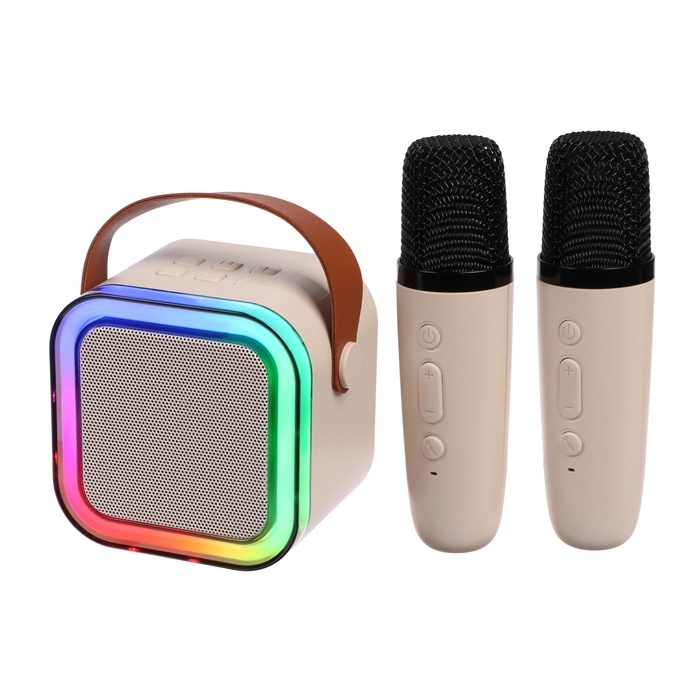 Мини караоке-система K12, 5 Вт, 2 микрофона, 800/400мАч, Jack 3.5, Type-С, USB, RGB,бежевая Мини караоке-система K12, 5 Вт, 2 микрофона, 800/400мАч, Jack 3.5, Type-С, USB, RGB,бежевая