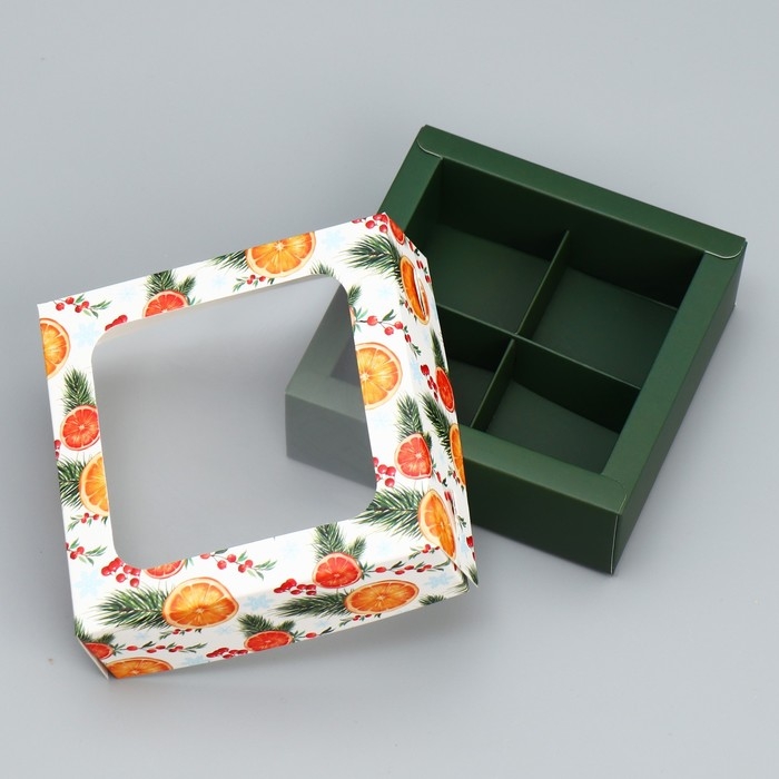 Коробка под 4 конфеты &laquo;Апельсины&raquo;, 10.5 х 10.5 х 3.5 см, Новый год