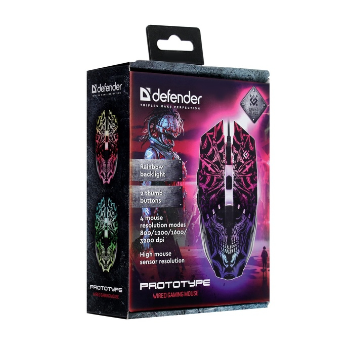 Мышь Defender Prototype GM-670L, игровая, проводная, 6 кнопок, подсветка, 3200 dpi, USB, чер