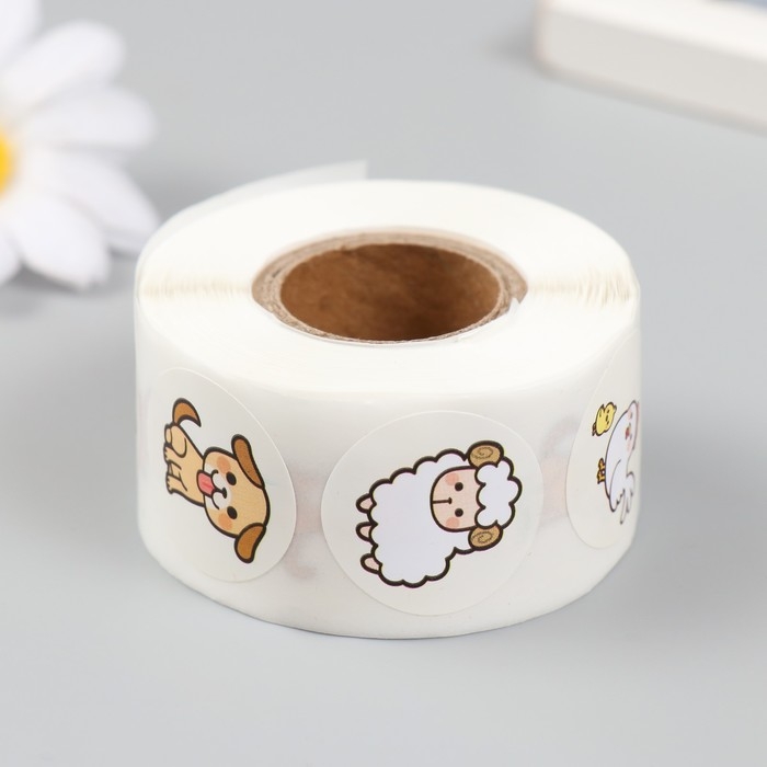 Наклейка бумага Наклейка бумага "Фермерские звери" d=2,5 см 500 шт в рулоне 3х6,5х6,5 см