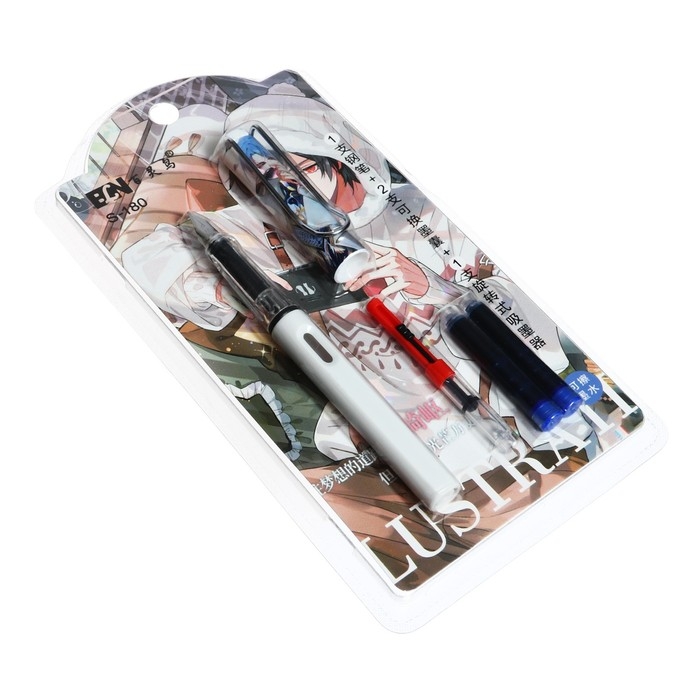 Ручка перьевая + 2 картриджа синих + поршень, на блистере, Ручка перьевая + 2 картриджа синих + поршень, на блистере, "Аниме", МИКС