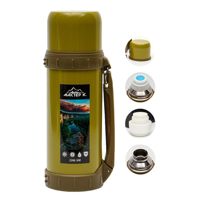 Термос, 1.2 л, Движение, Термос, 1.2 л, Движение, "Мастер К. Урал", с кружкой, сохраняет тепло 18 ч, 9.8 х 29 см, зелёный 524