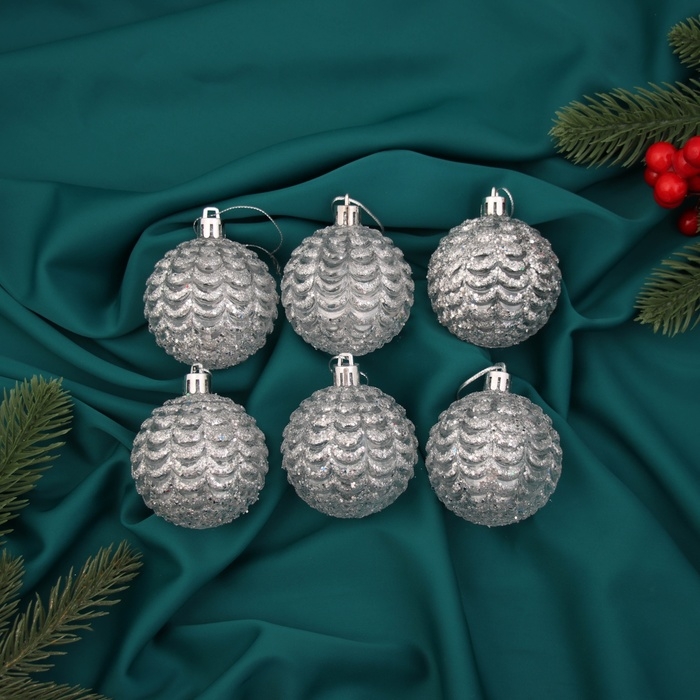 Набор шаров пластик d-6 см, 6 шт "Гелио" прозрачно-серебристый