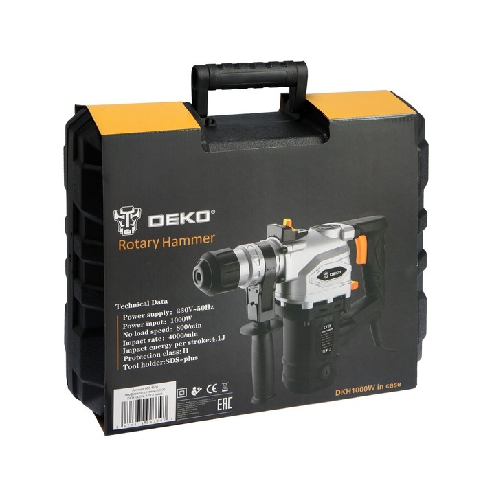Перфоратор DEKO DKH1000W, 1000 Вт, SDS+, 4.1 Дж, 3 режима, 4000 уд/мин, 800 об/мин, кейс Перфоратор DEKO DKH1000W, 1000 Вт, SDS+, 4.1 Дж, 3 режима, 4000 уд/мин, 800 об/мин, кейс